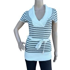 New Byline Women Gray White Knit Overlap Collar V-Neck Belted Sweater Top S